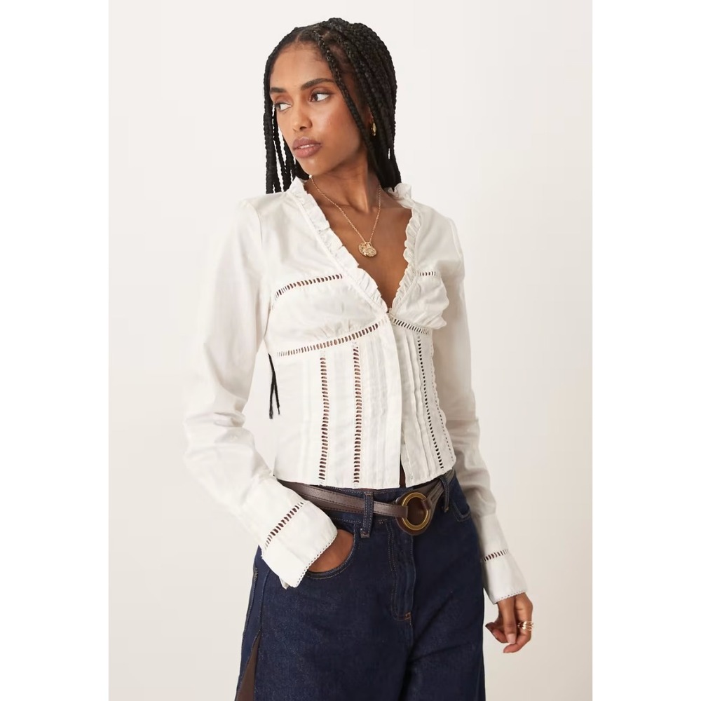 Free People Frankie Corset Long Sleeve Top Clean Ivory Large Ladder Lace V-Neck
